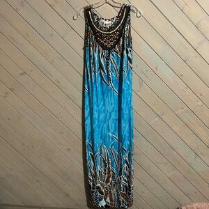 Beaded Neckline Maxi Dress Blue Brown‎ Feather Print Sleeveless Womens